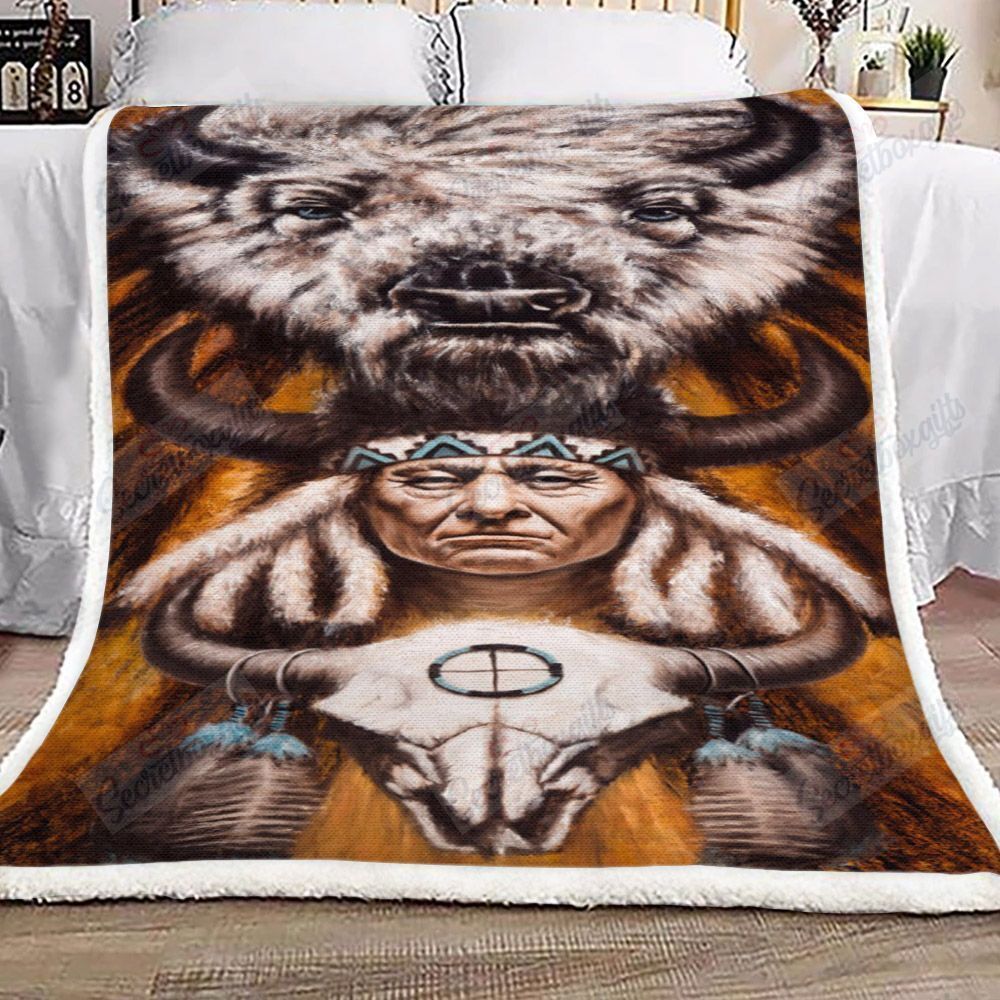 Human And Bisons Native American Fleece Blanket