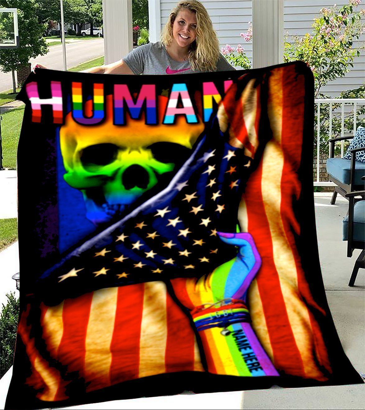 Human Skull Pride LGBT American Flag Fleece Blanket