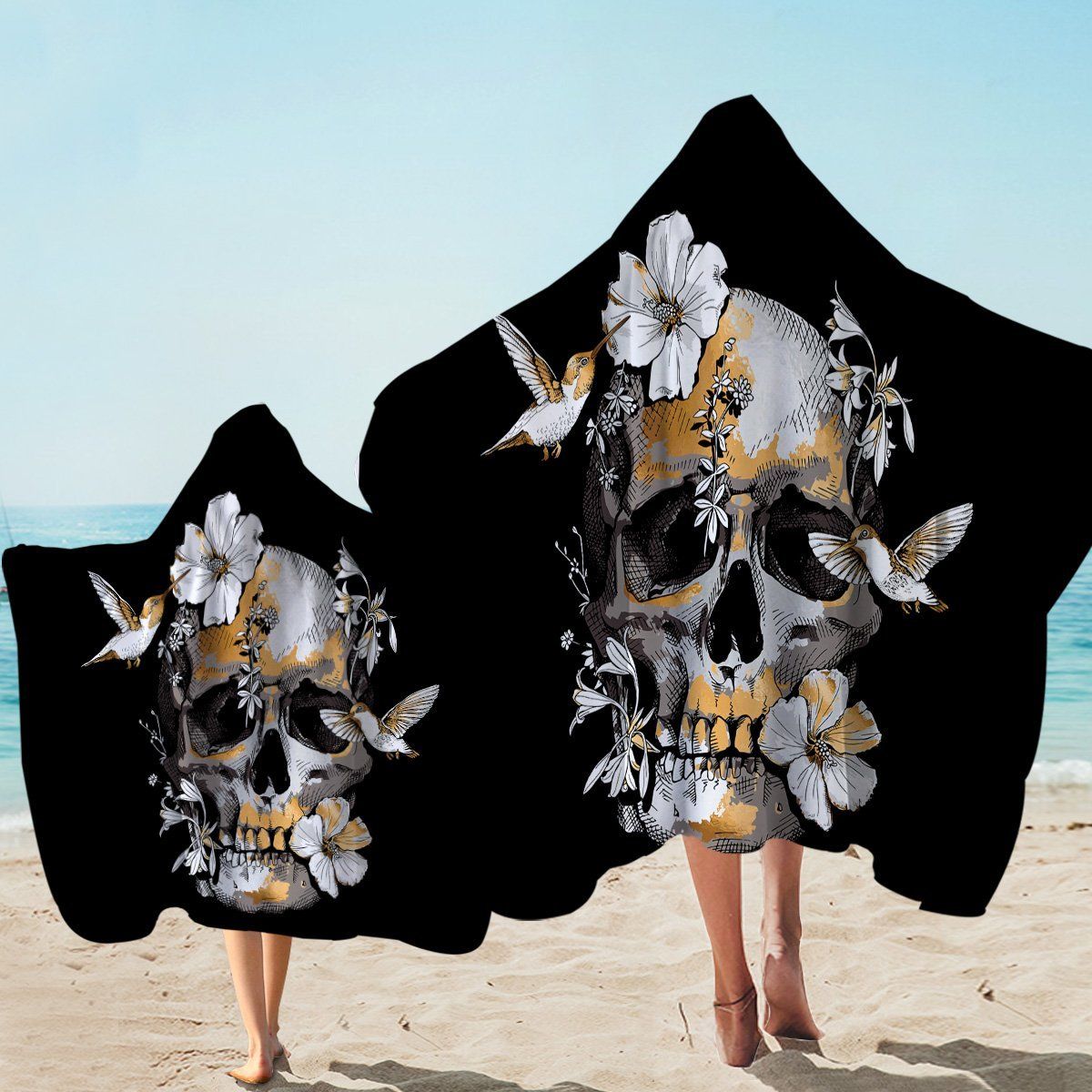 Humming Birds Skull And Flower Printed Hooded Towel