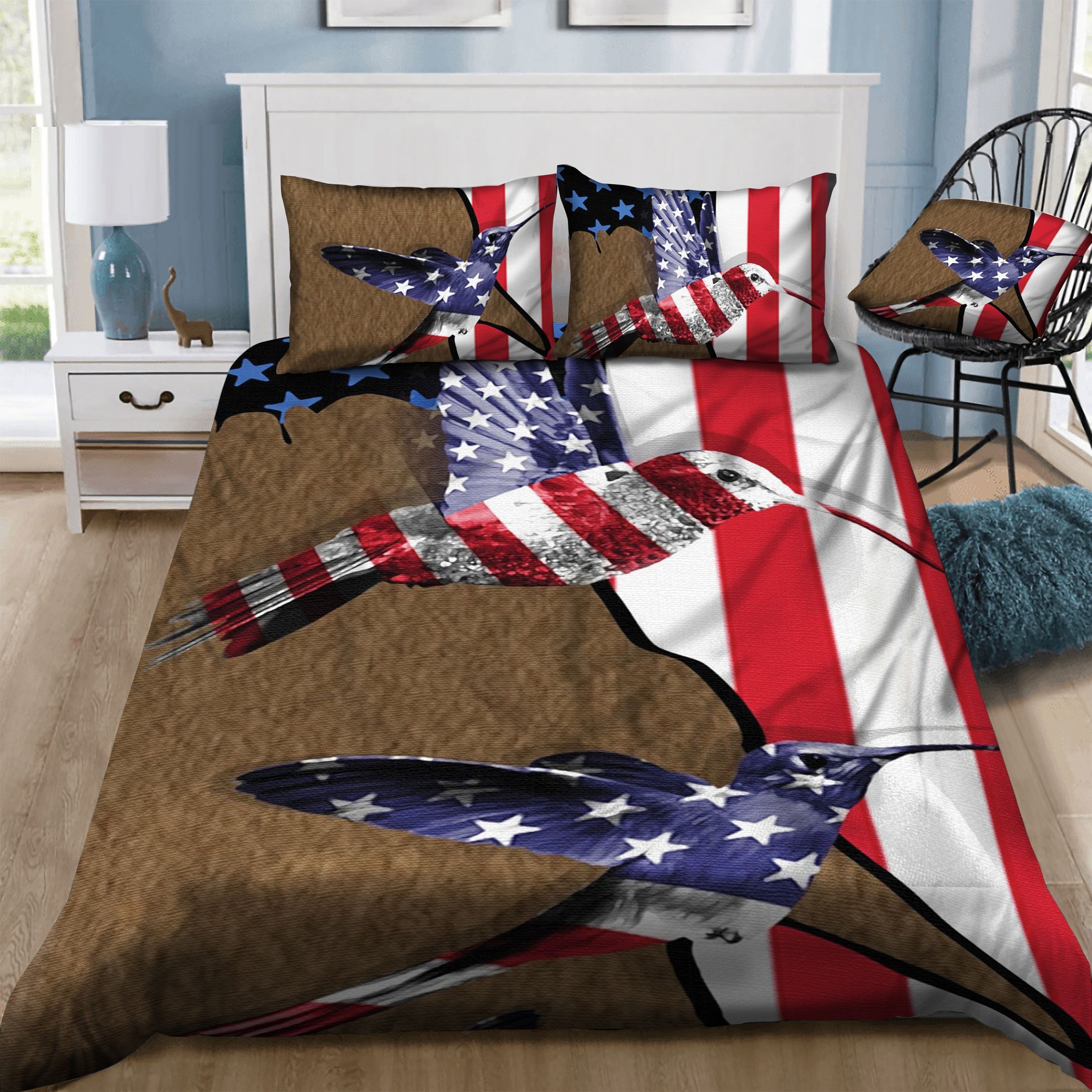Hummingbird American Flag  Bedding Set