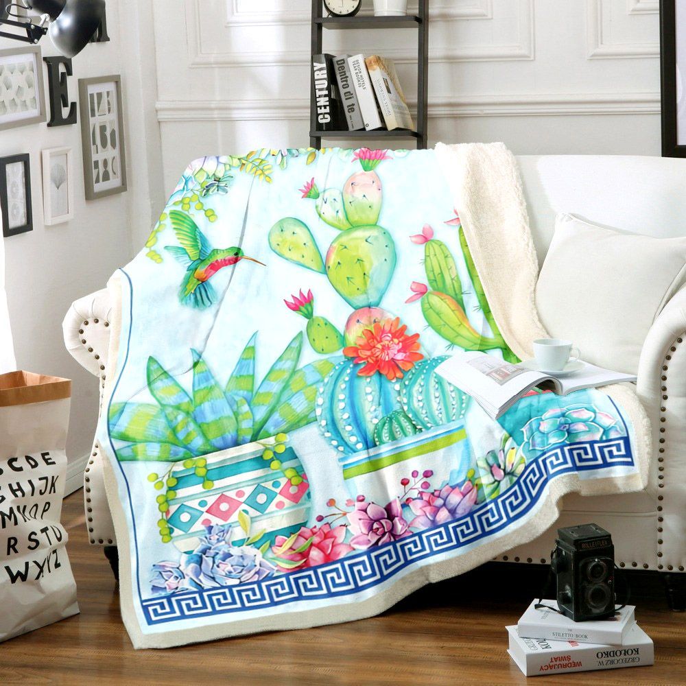 Hummingbird And Cactus Sherpa Fleece Blanket