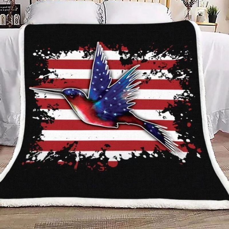 Hummingbird And Flag American Sherpa Fleece Blanket