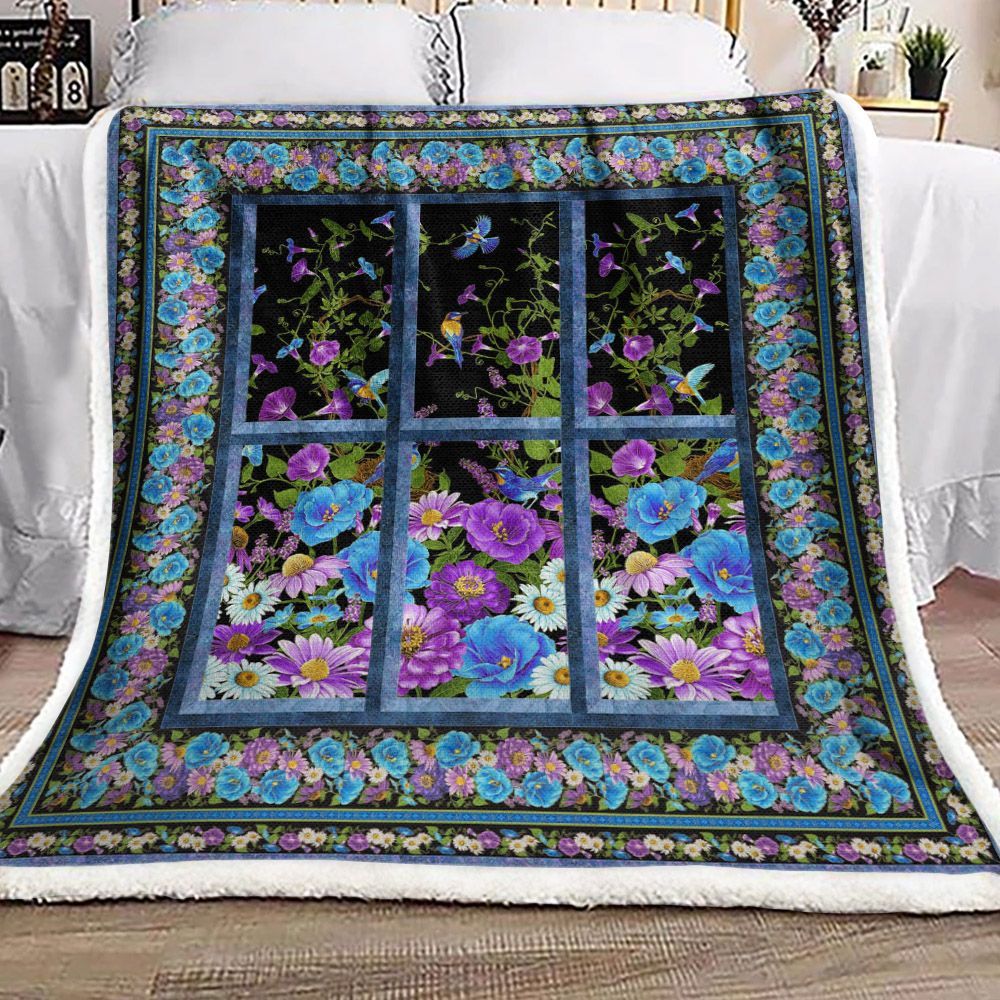 Hummingbird Blue Flower Sherpa Fleece Blanket