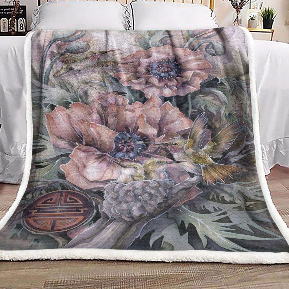 Hummingbird Family And Pink Flower Sherpa Fleece Blanket