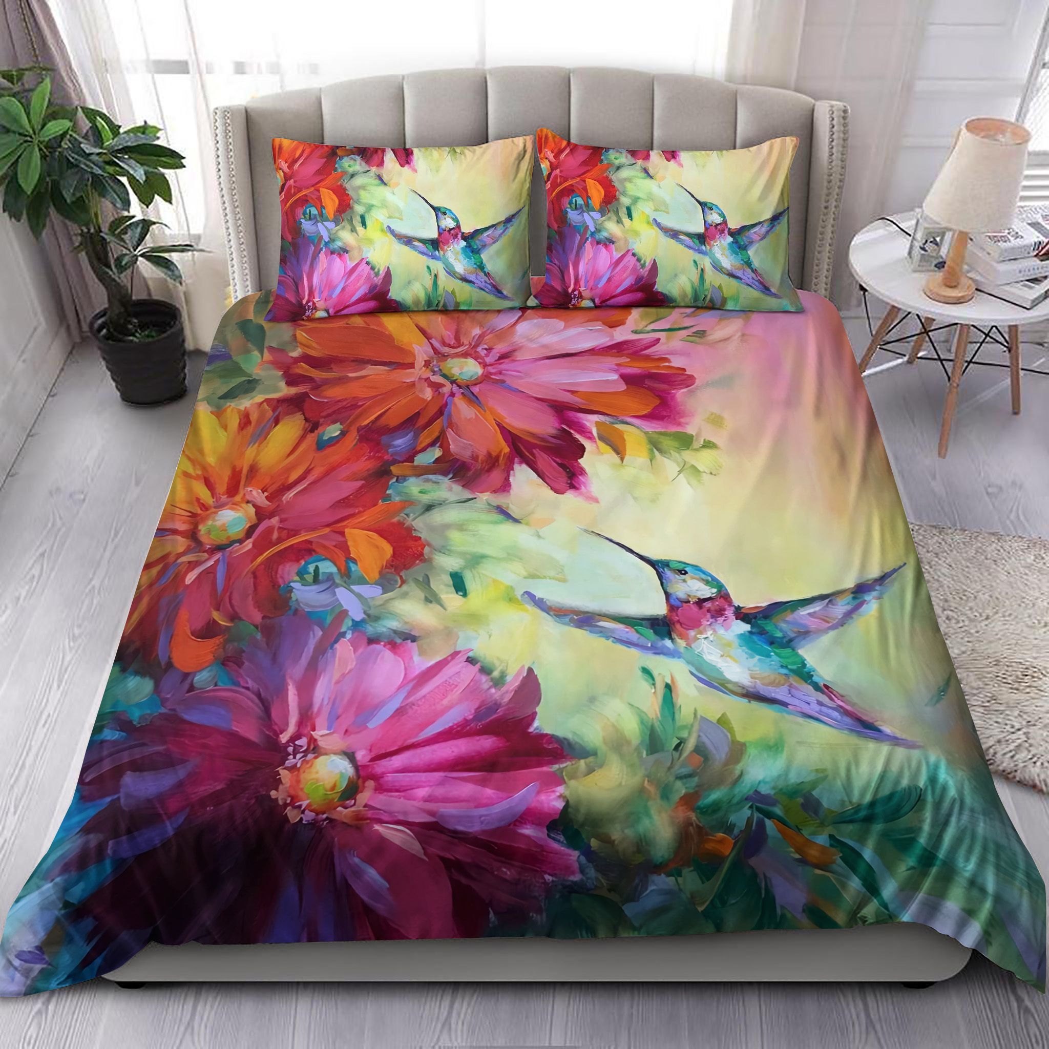 Hummingbird Flying Under Flowers Bedding Set