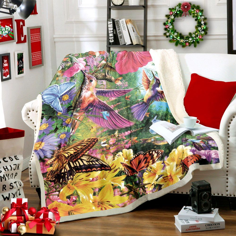 Hummingbird Garden Sherpa Fleece Blanket