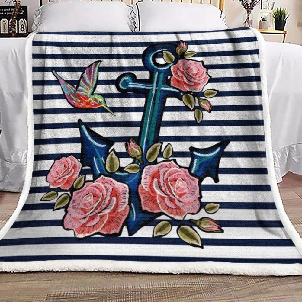 Hummingbird Rose Anchor Sherpa Fleece Blanket