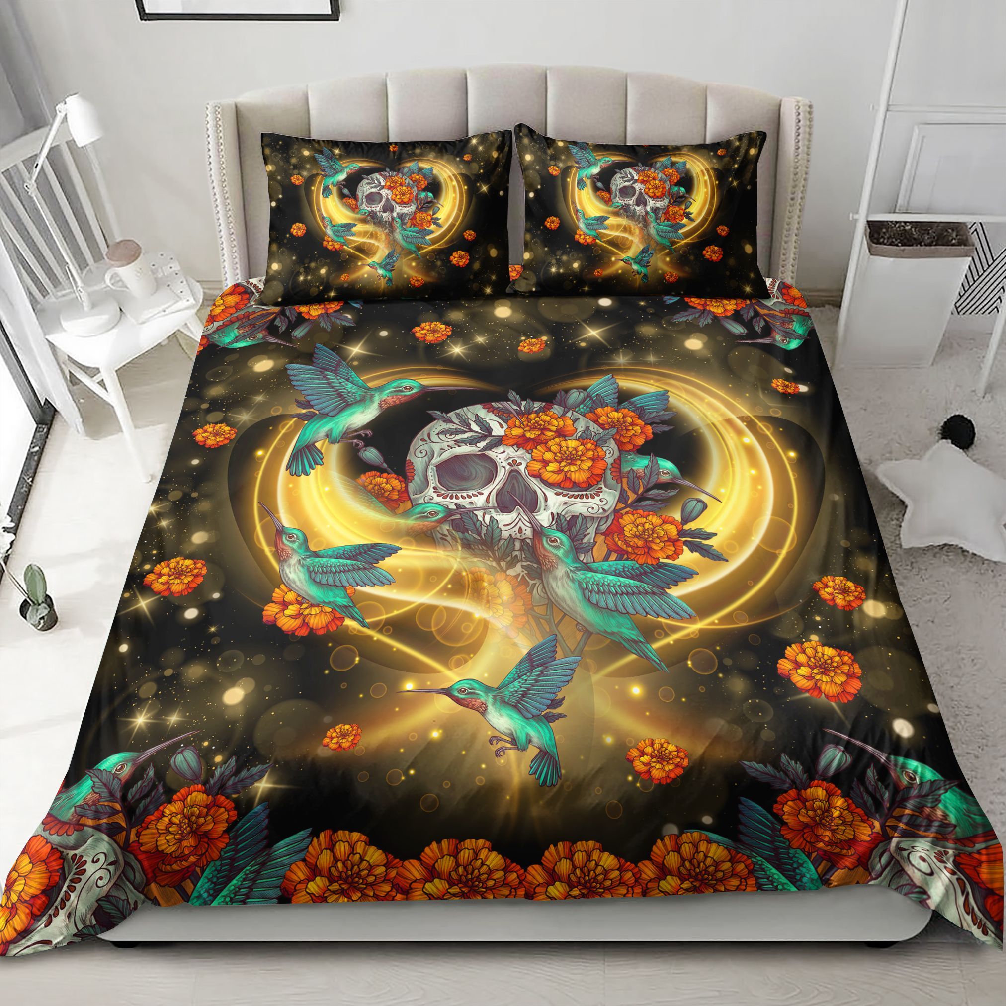 Hummingbird Skull Flower Bedding Set
