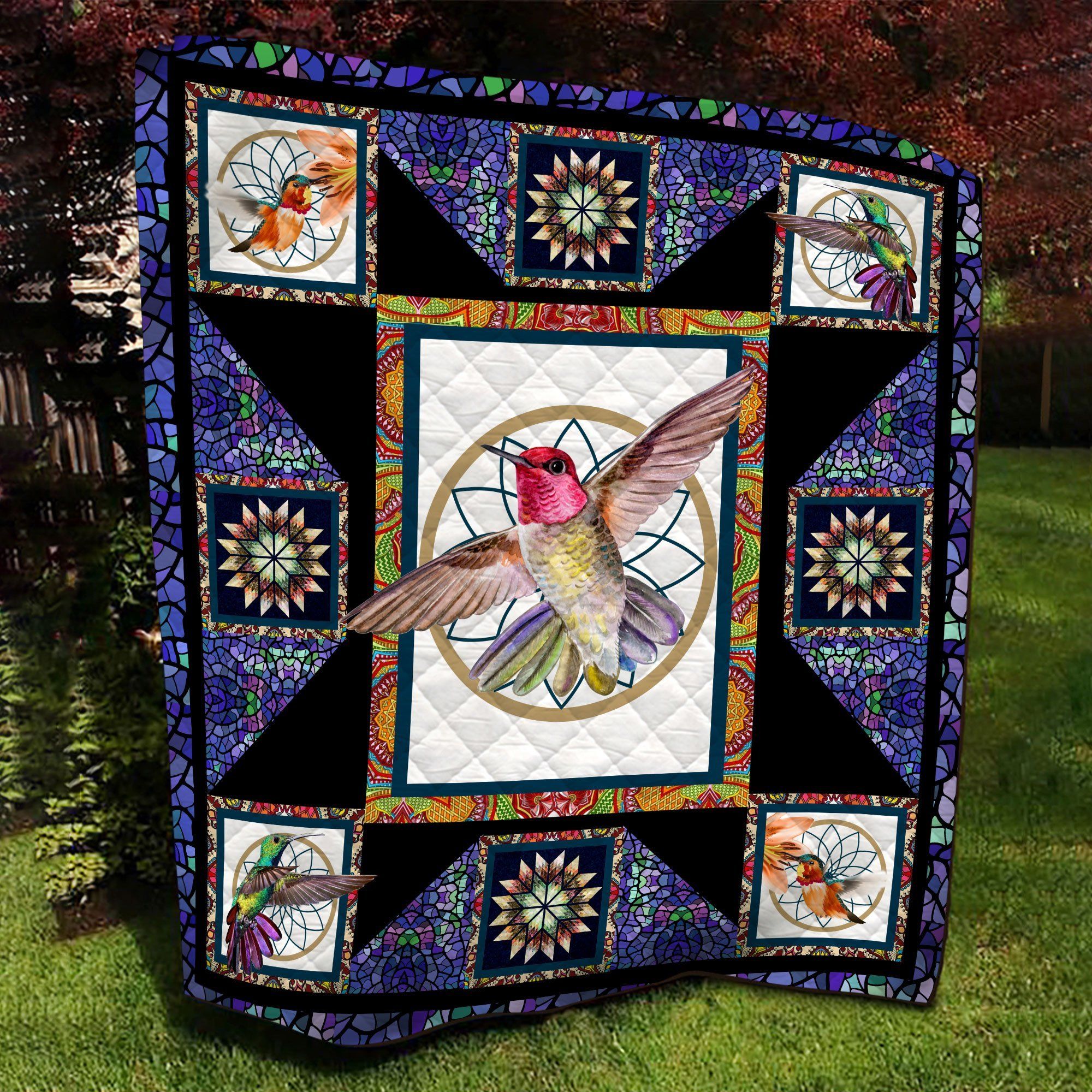 Hummingbird Stained Glass Pattern Quilt Blanket HHC2402648TH