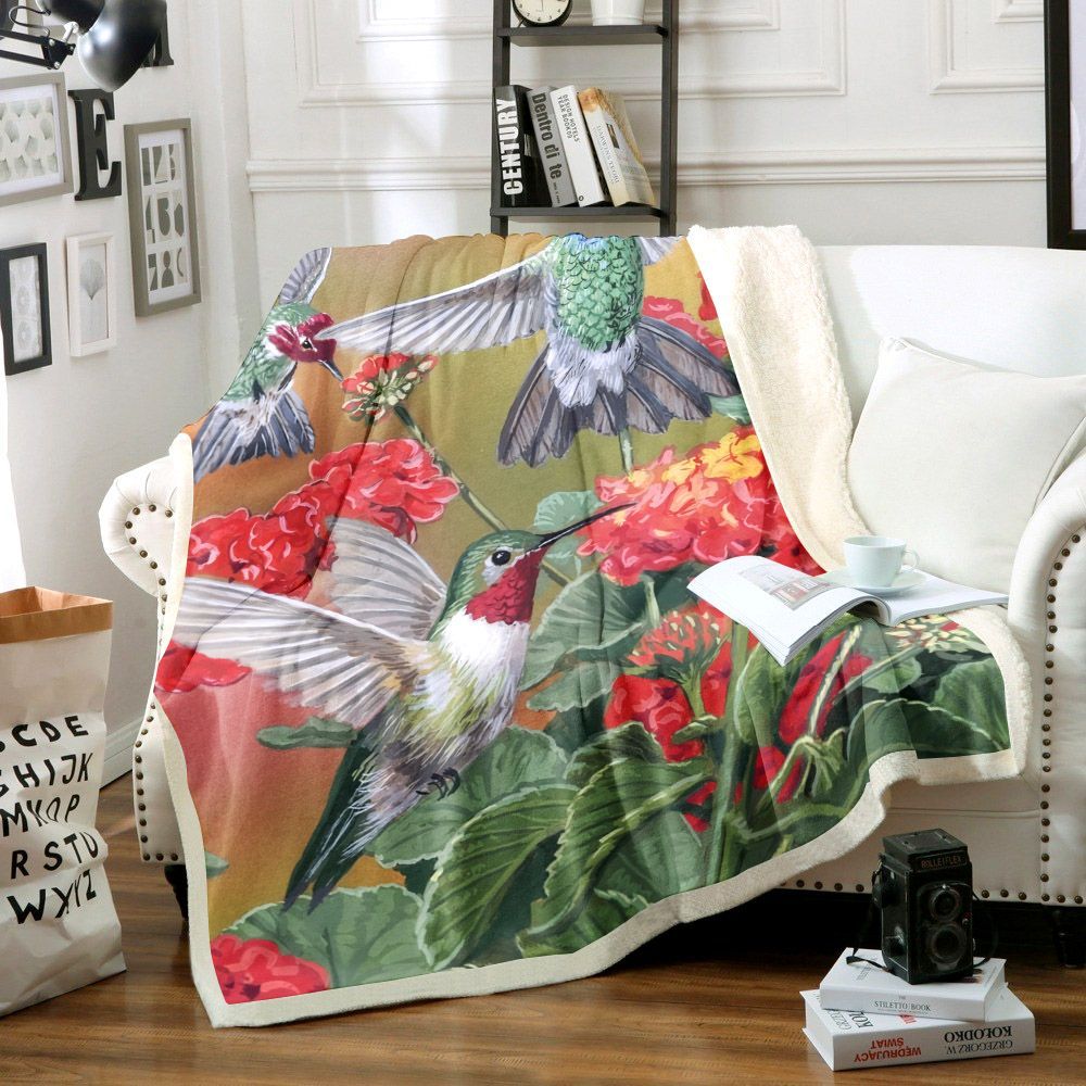 Hummingbird With Flower Sherpa Fleece Blanket