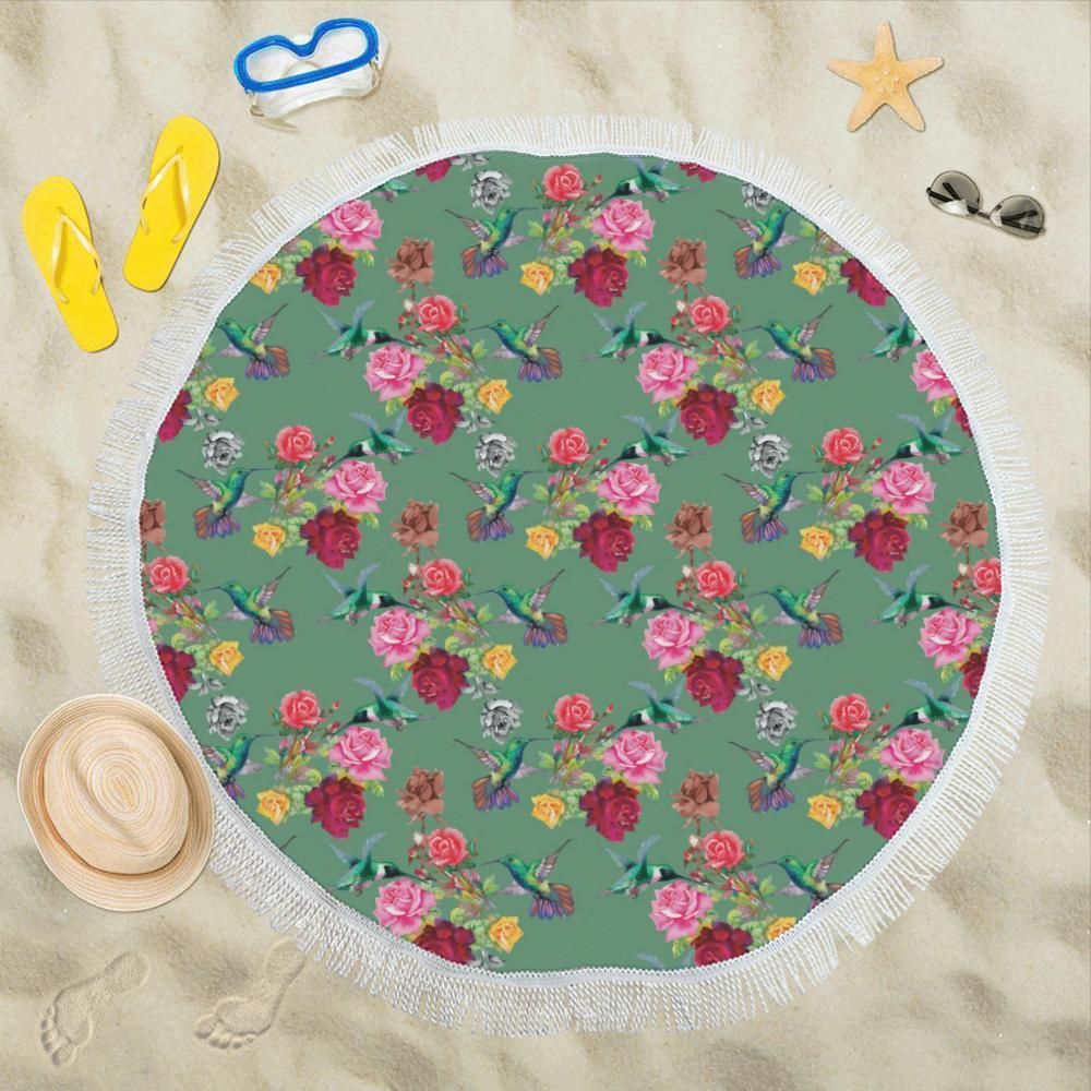 Hummingbird With Rose Themed Print Round Beach Towel