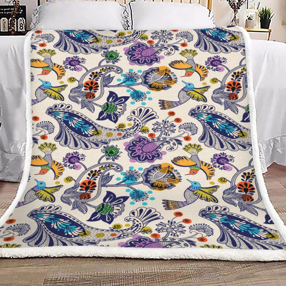 Hummingbird Yellow Paisley Flower Sherpa Fleece Blanket