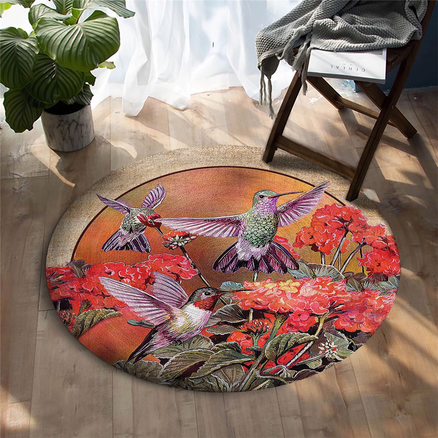 Hummingbirds And Flowers Round Carpet