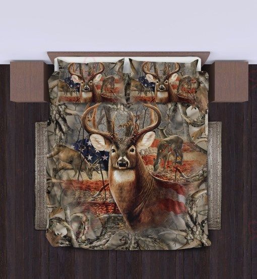 Hunting Deer Us Flag Bedding Set