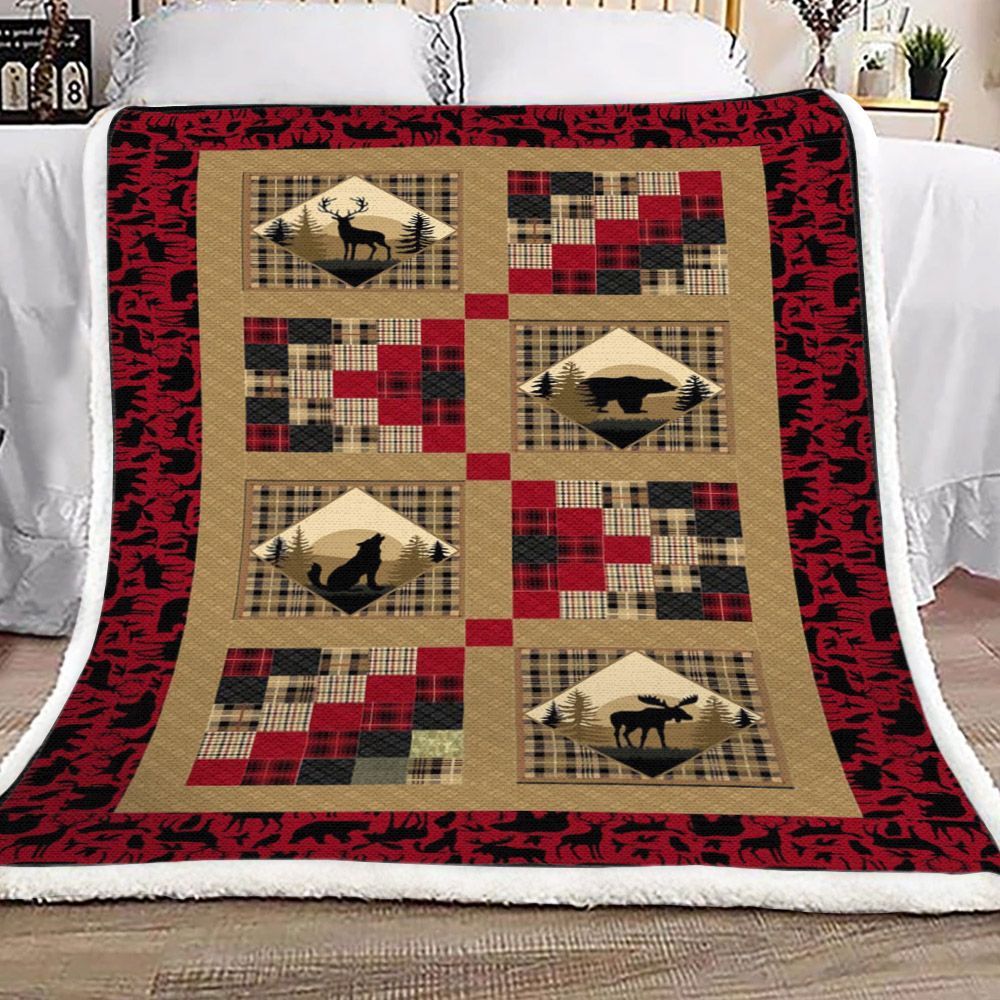 Hunting In Wood Deer Bear Wolf Sherpa Fleece Blanket