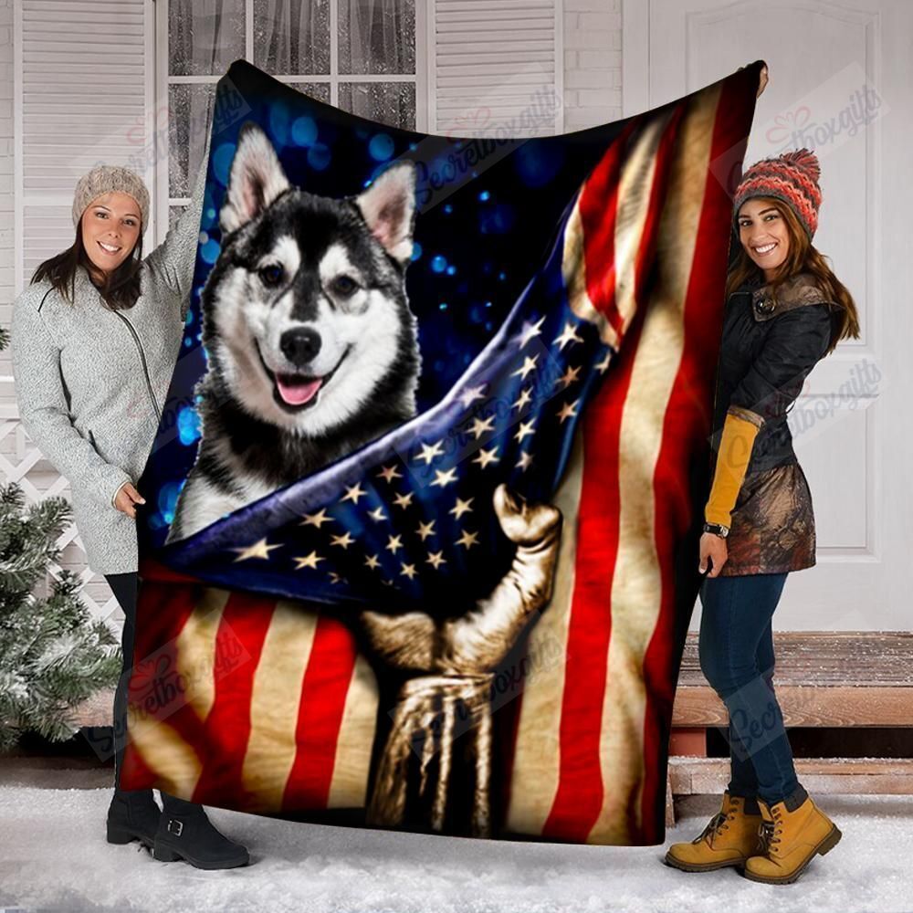 Husky Dog American Flag Fleece Blanket