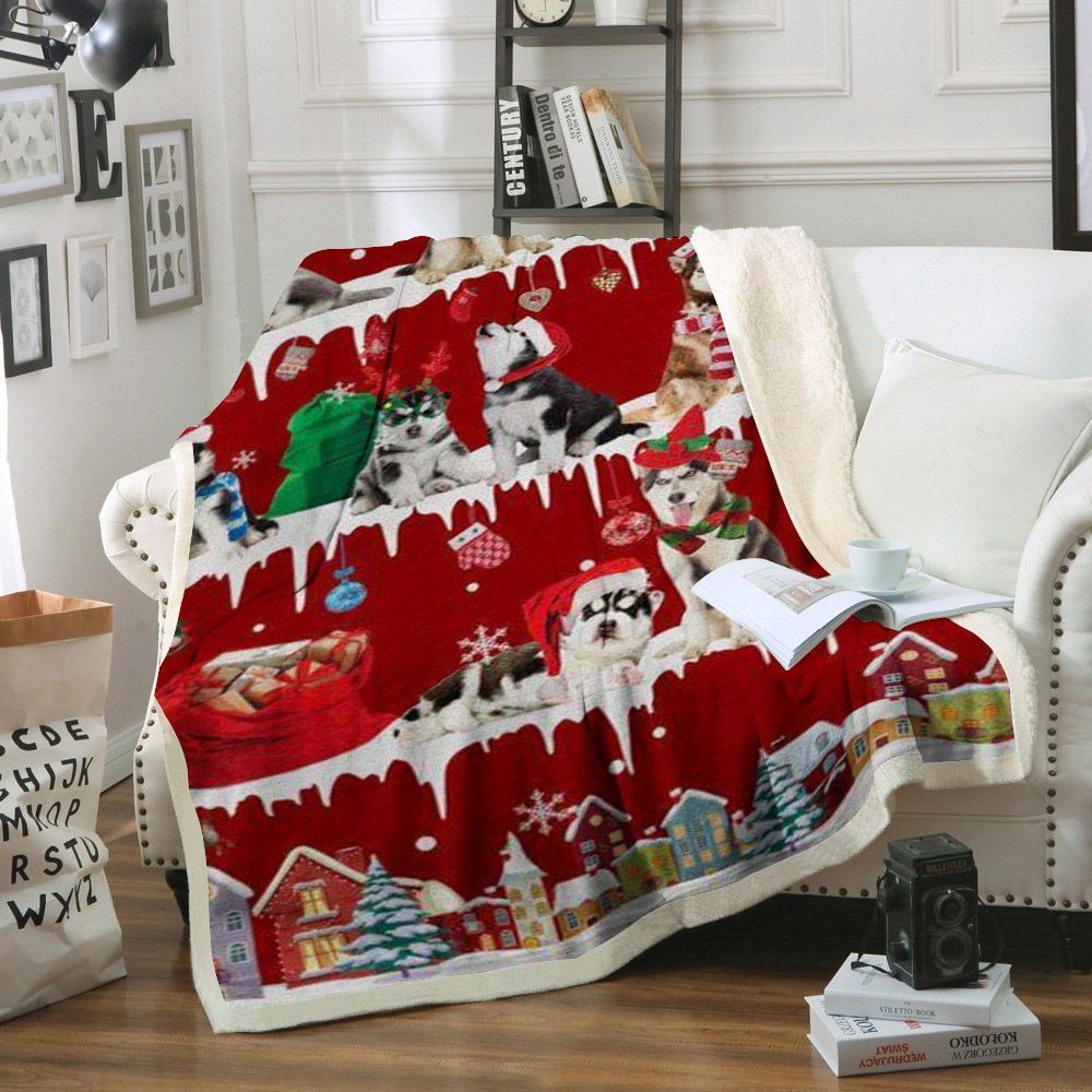 Husky Snow Christmas Sherpa Fleece Blanket