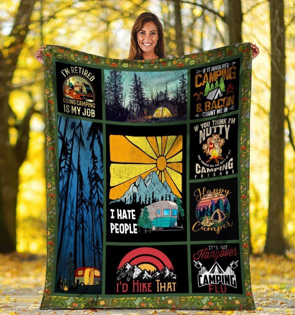 I Hate People Camping Hiking Outdoor Fleece Blanket