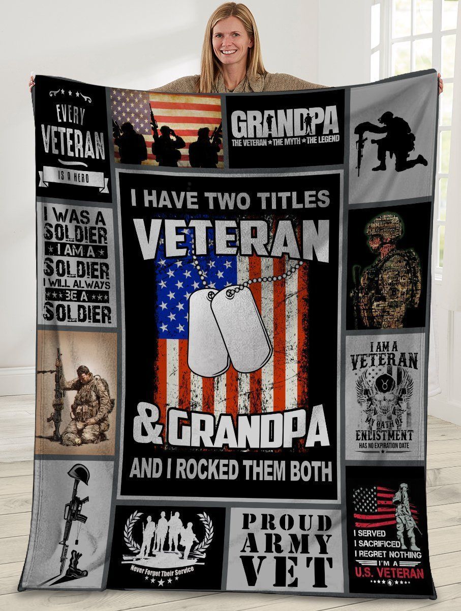 I Have Two Titles Veteran And Grandpa American Usa Flag Fleece Blanket