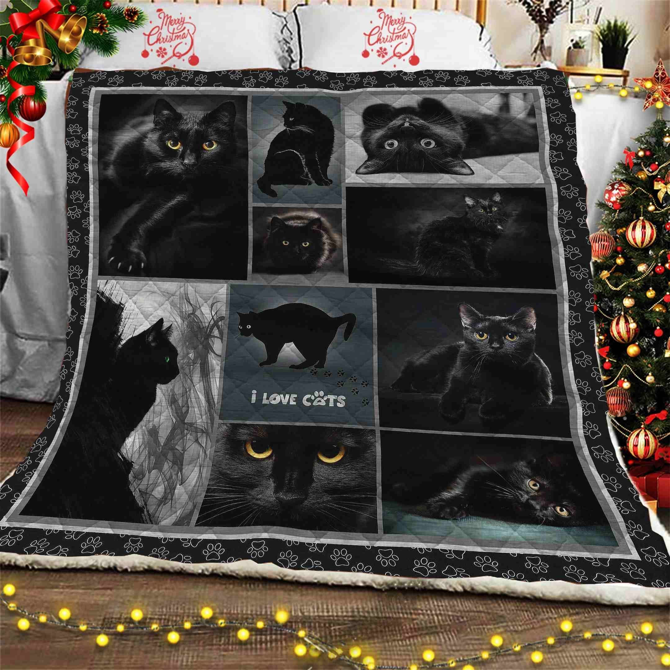 I Love Black Cat Sherpa Fleece Blanket