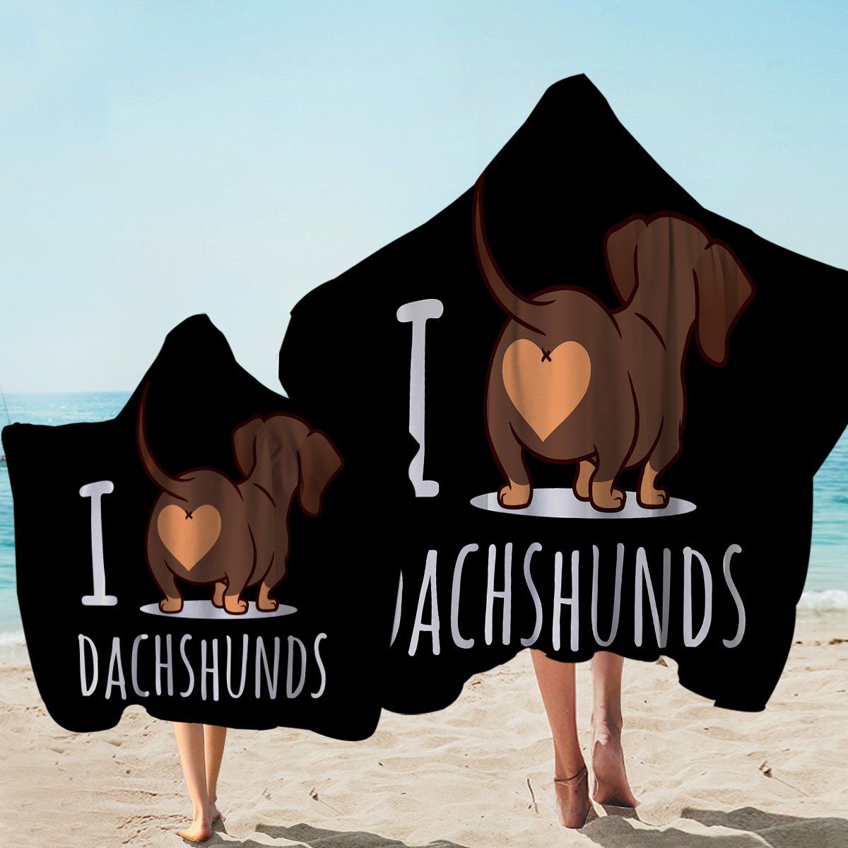 I Love Dachshunds Black Printed Hooded Towel
