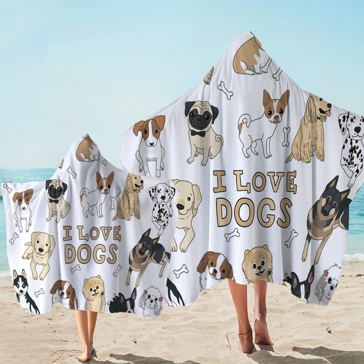 I Love Dogs Bone Pattern Printed Hooded Towel