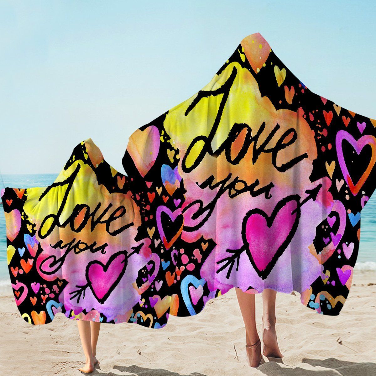 I Love You Heart Cartoon Printed Hooded Towel