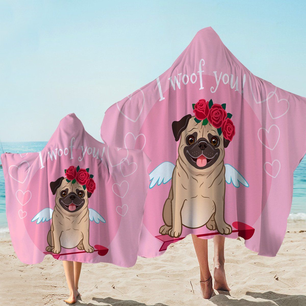 I Woof You Pug Pink Printed Hooded Towel