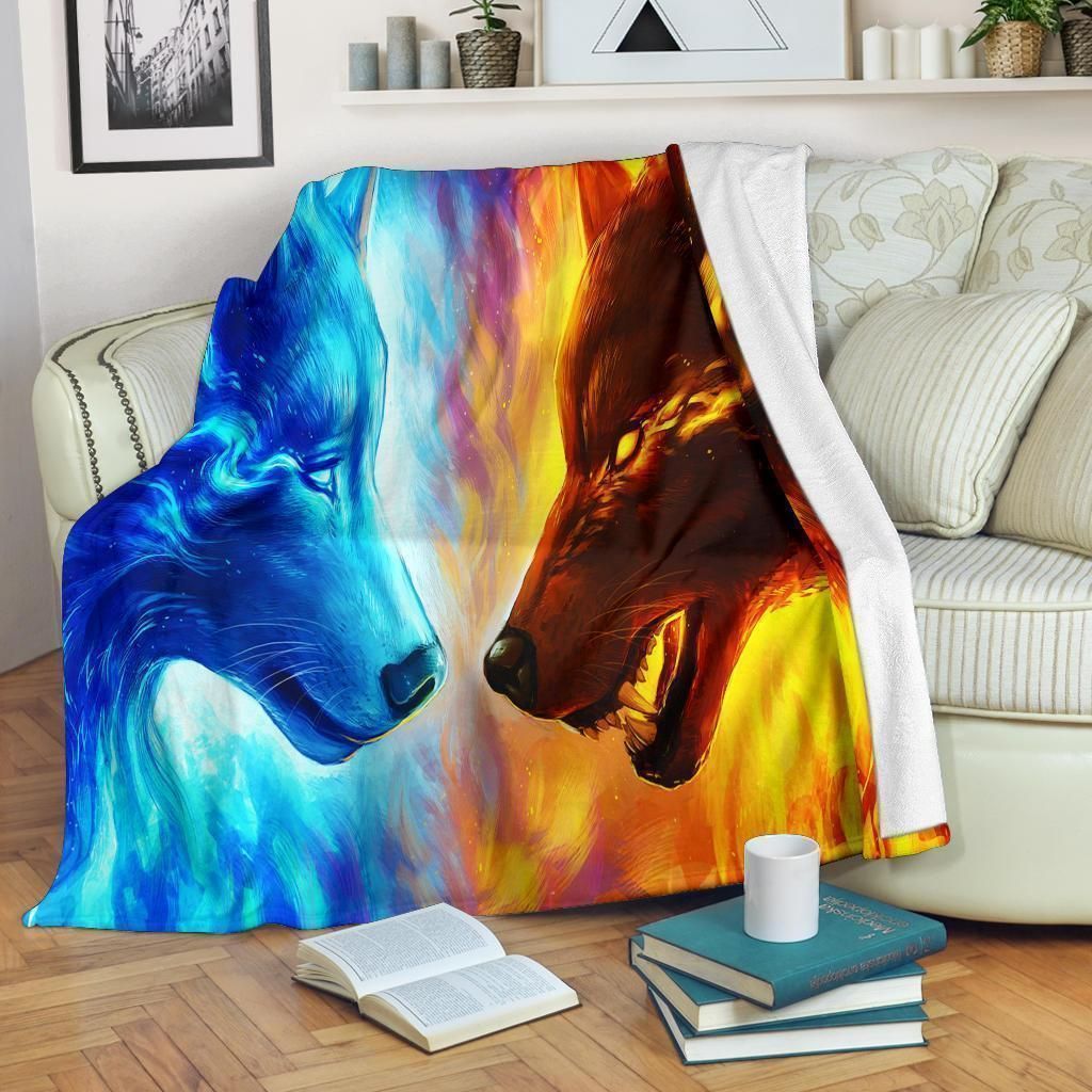 Ice And Fire Wolf Fleece Blanket For Wolf Lovers