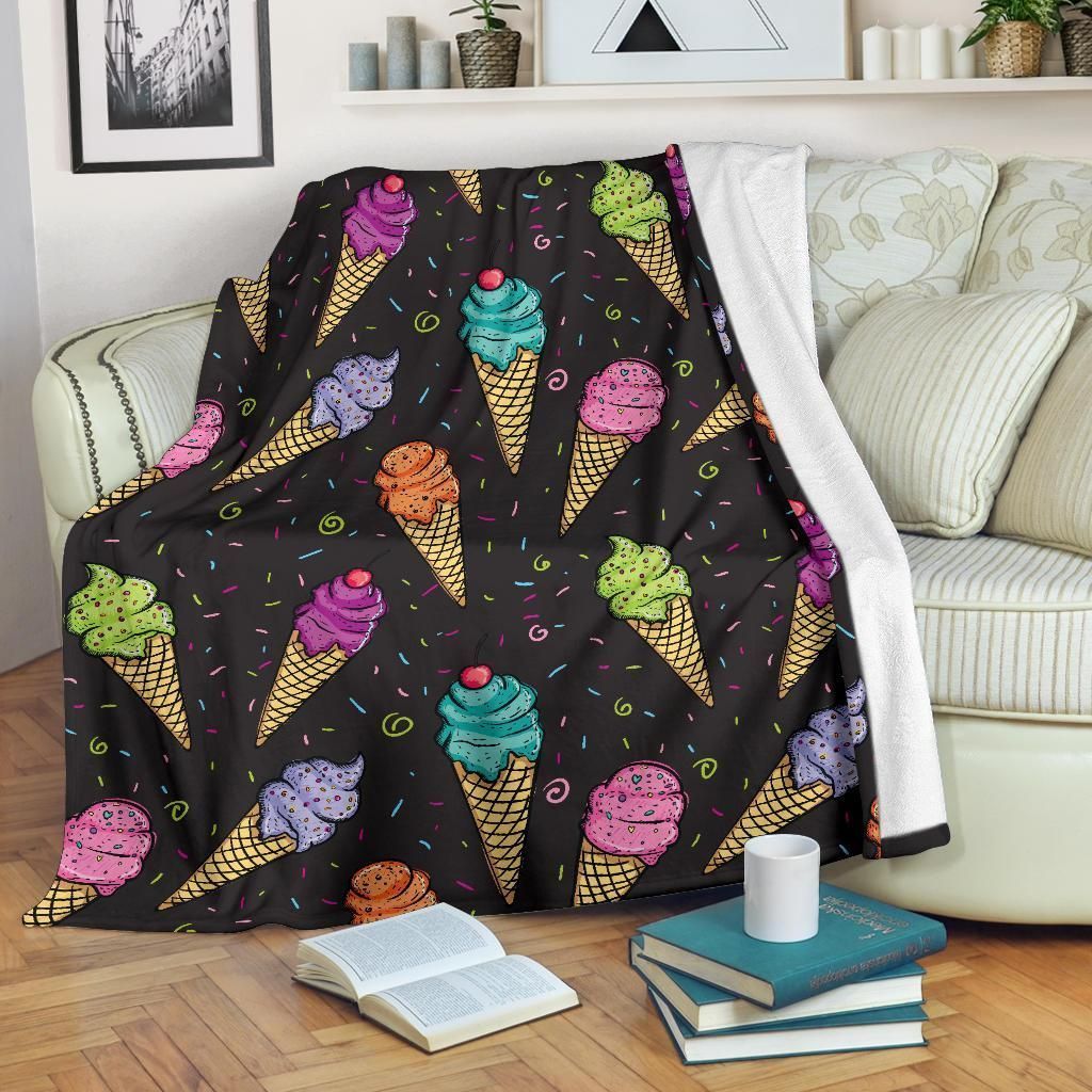 Ice Cream Pattern Print Design Black Soft Fleece Blanket