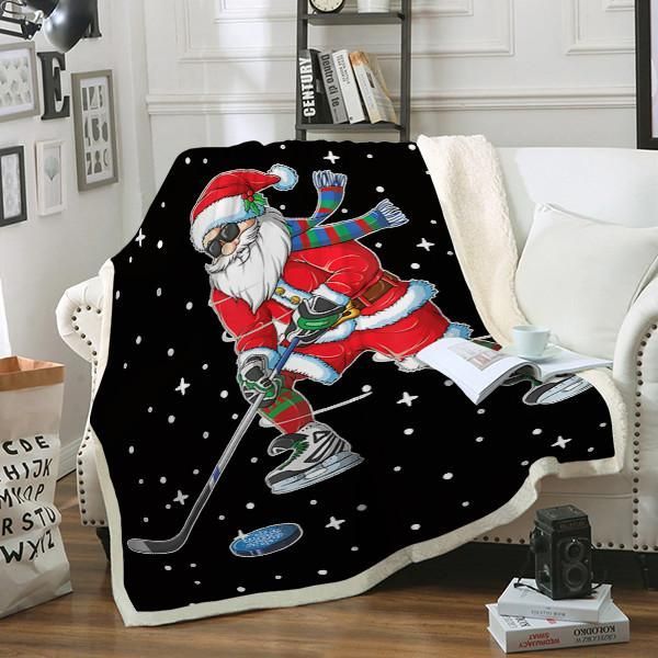 Ice Hockey Christmas Santa Claus Sherpa Fleece Blanket