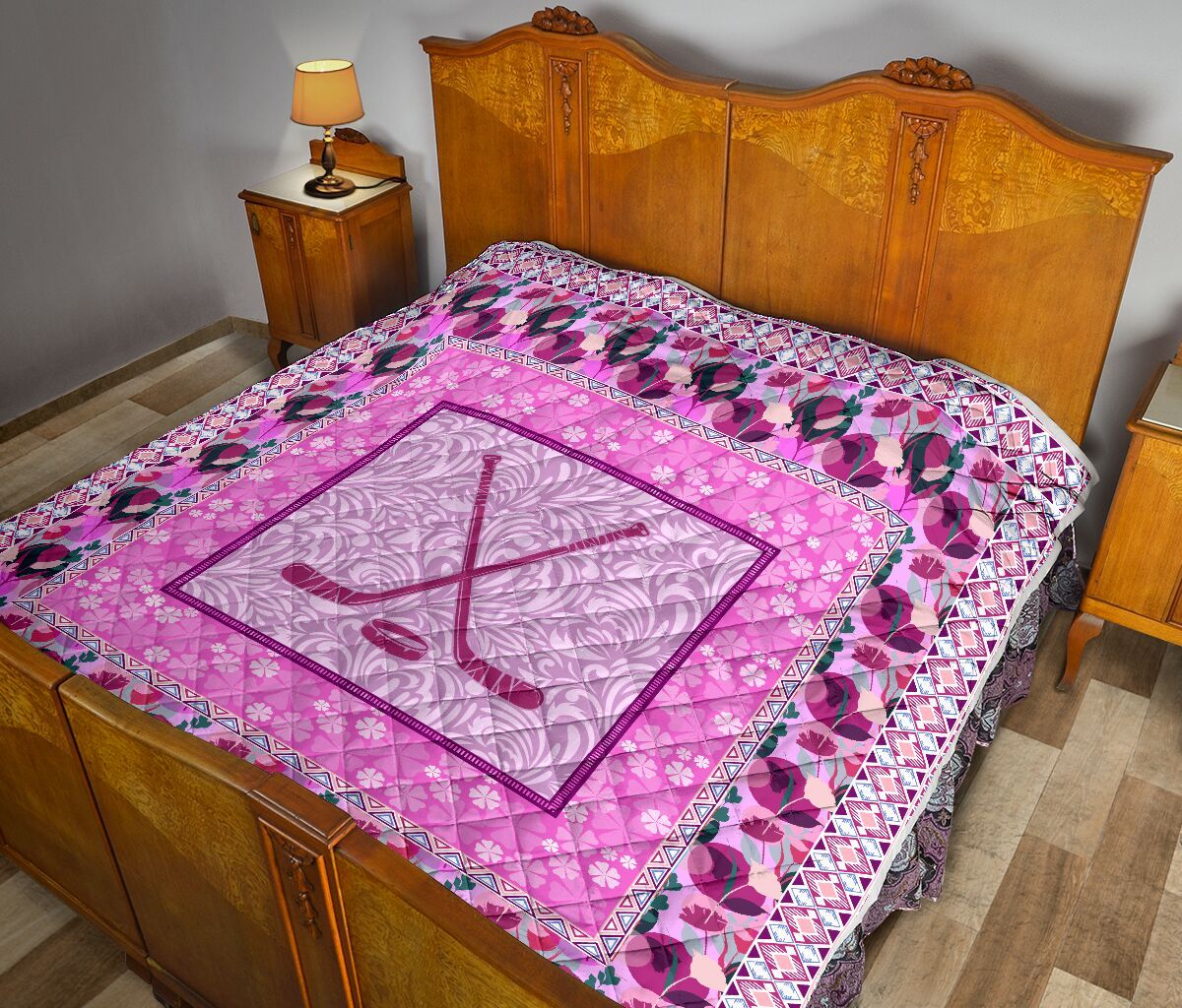 Ice Hockey Flower Pink Quilt Blanket Dhc1312674Dd