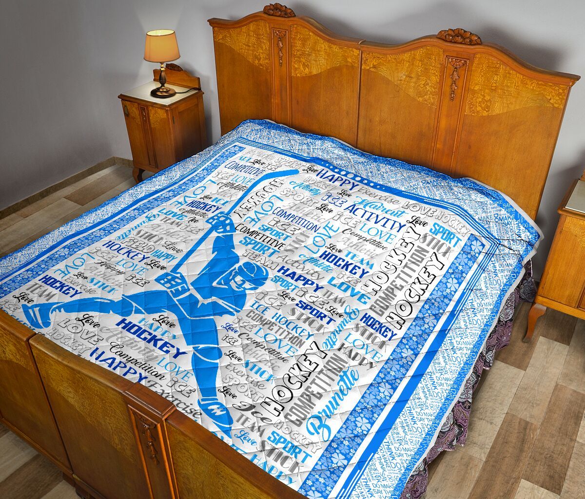 Ice Hockey Typo Blue Quilt Blanket Dhc1312704Dd