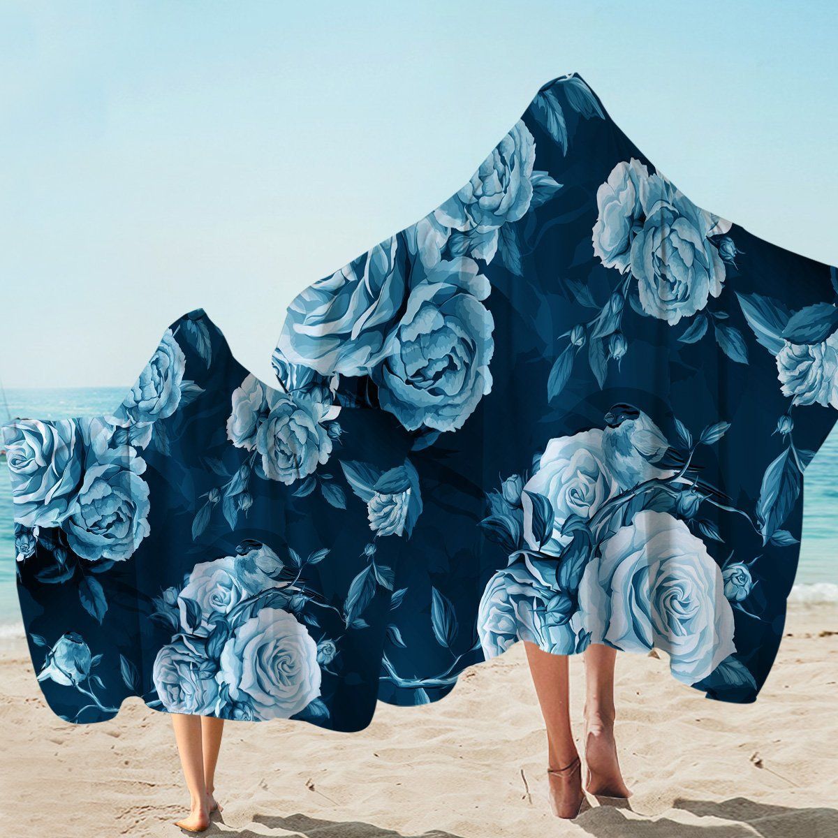Icy Roses Pattern Printed Hooded Towel
