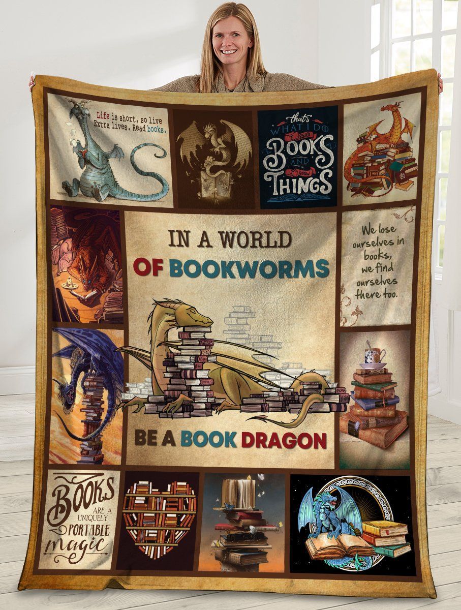 In A World Of Bookworms Be A Book Dragon Bookshelf Book Lover Sherpa Fleece Blanket