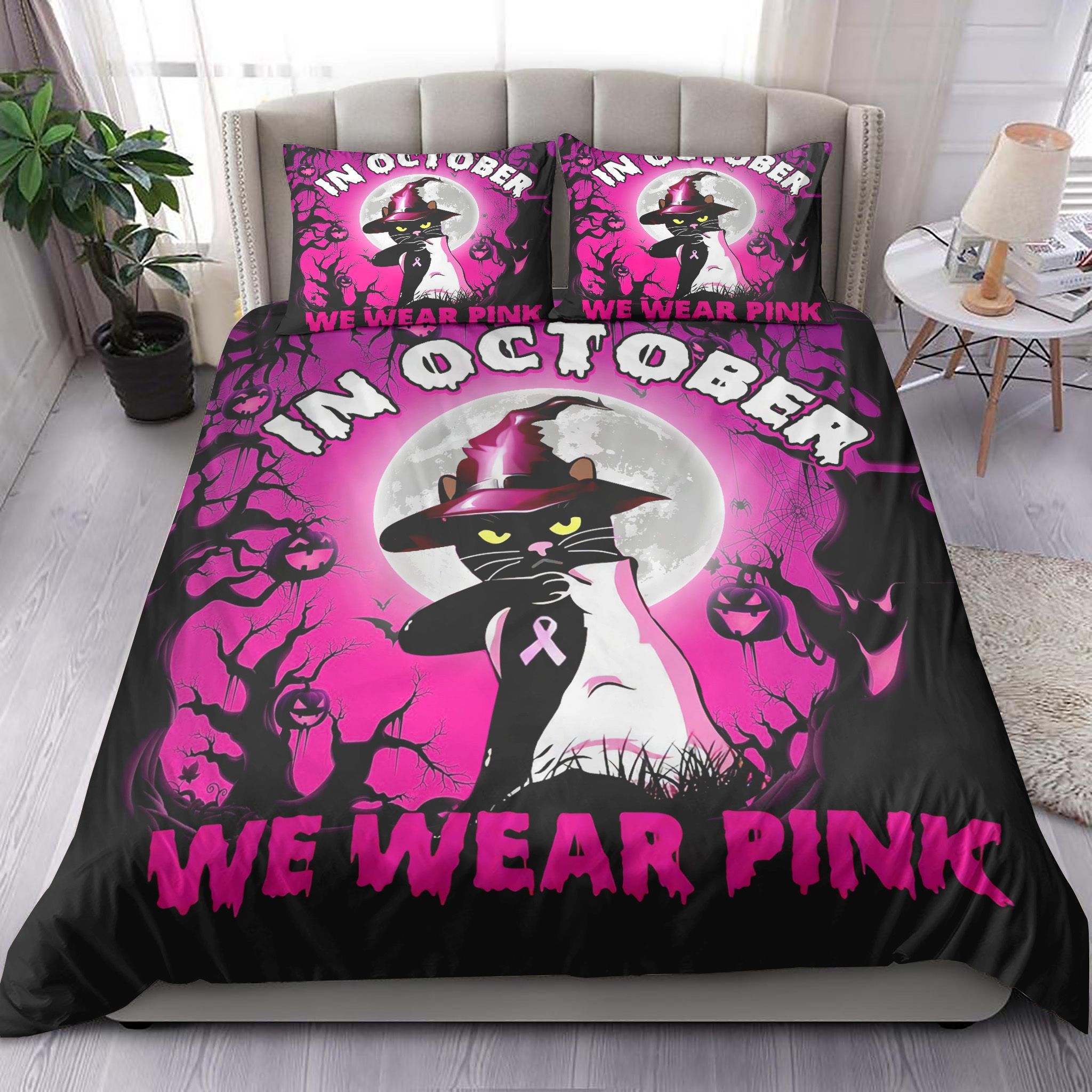 In October We Wear Pink Black Cat Bedding Set