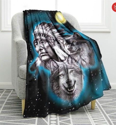 Indian Cheif Wolf Polar Sherpa Fleece Blanket