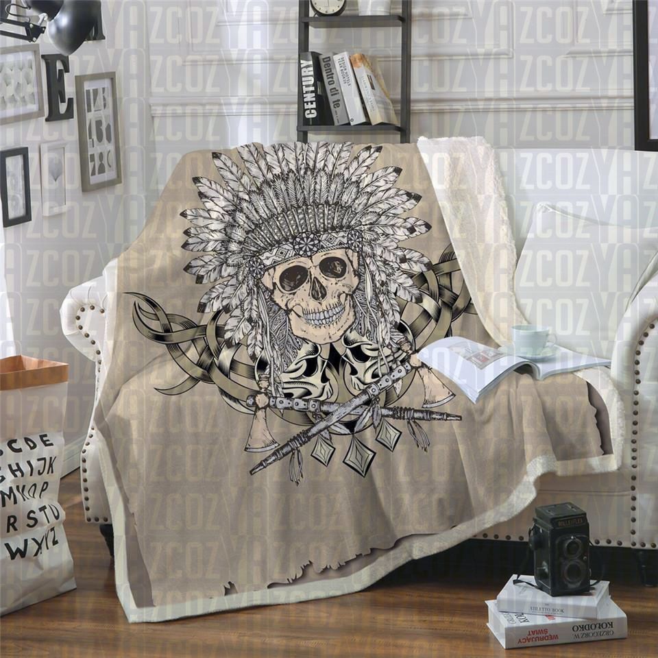 Indian Chief Skull Sherpa Fleece Blanket