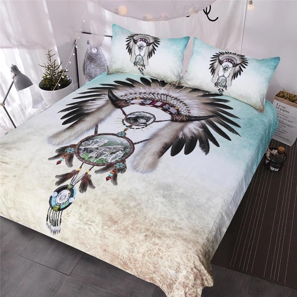 Indian Headpiece With Wolf Dreamcatcher Bedding Set
