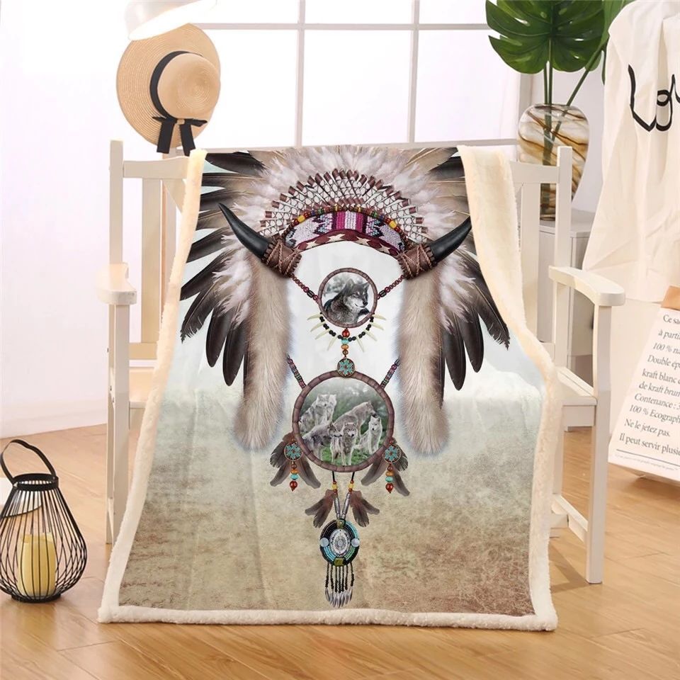 Indian Headpiece With Wolf Dreamcatcher Sherpa Fleece Blanket
