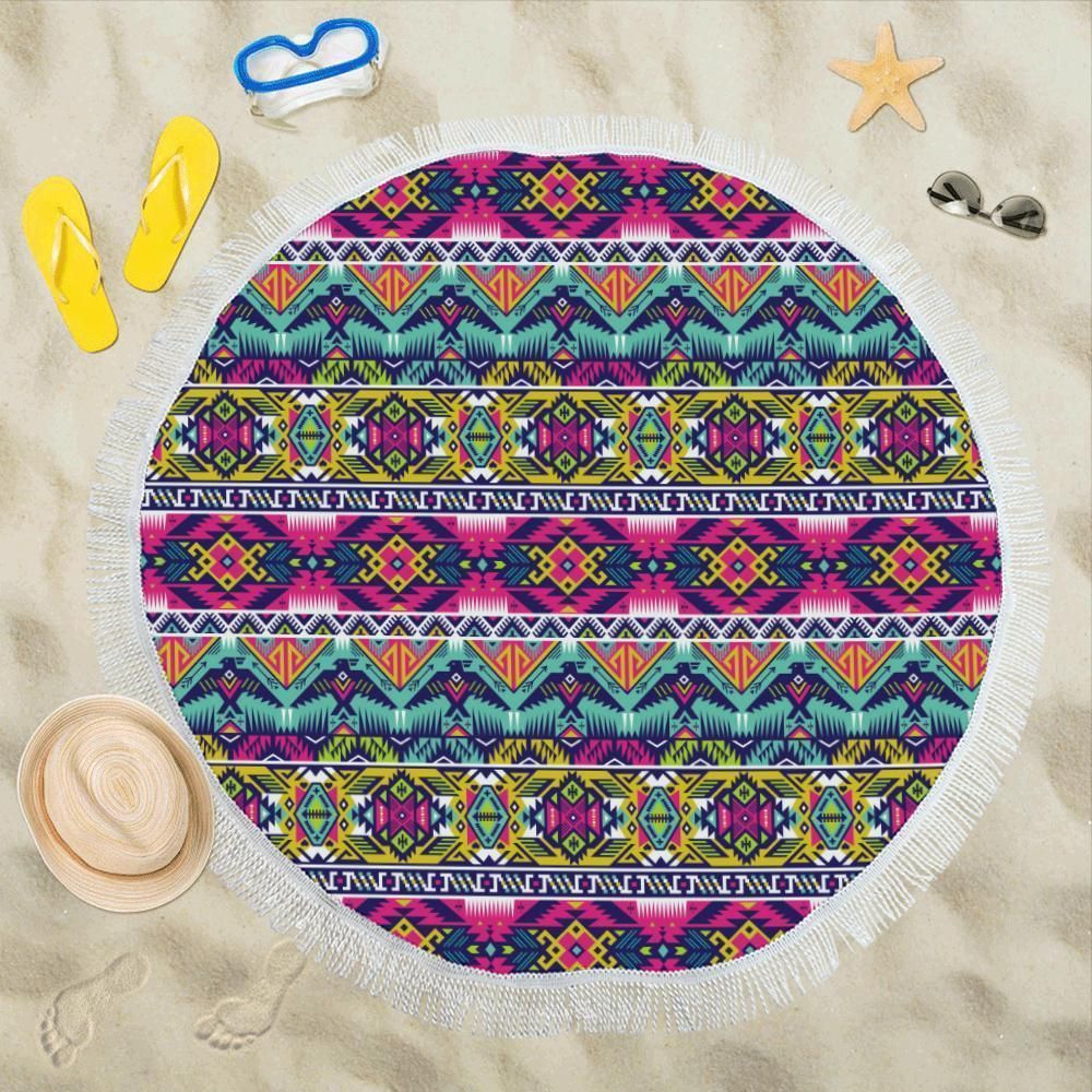 Indian Navajo Color Themed Design Print Round Beach Towel