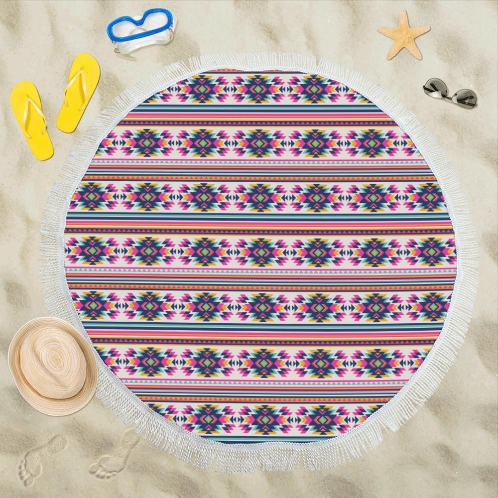 Indian Navajo Neon Themed Design Printed Round Beach Towel