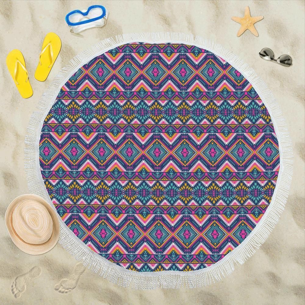 Indian Navajo Pink Themed Design Printed Round Beach Towel