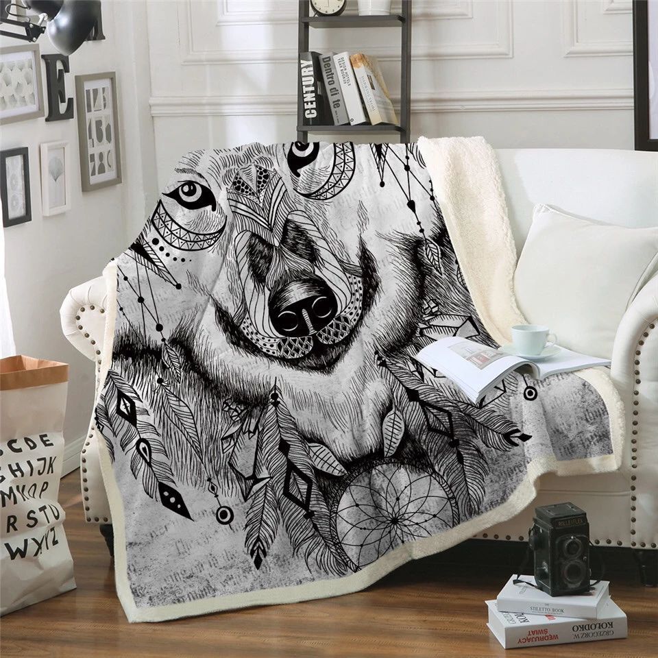 Indian Tribal Wolf Dreamcatcher Sherpa Fleece Blanket