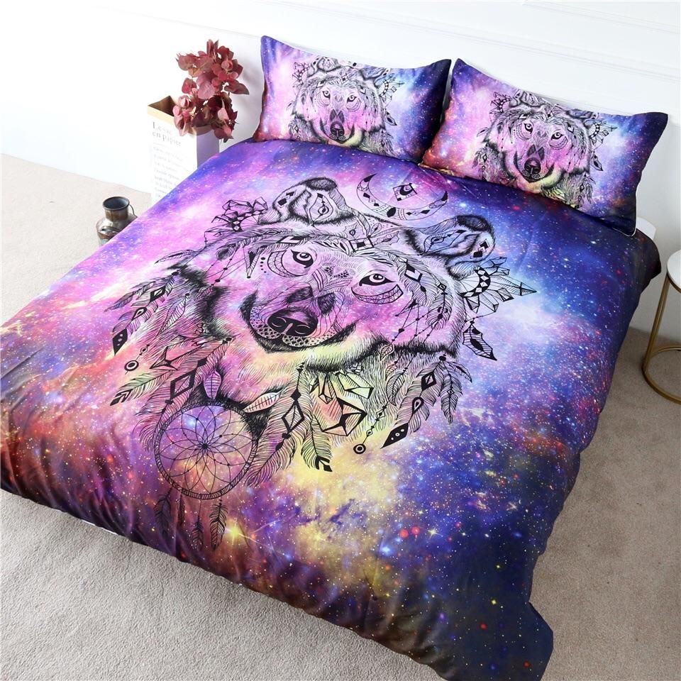 Indian Tribal Wolf Dreamcatcher Space Background Bedding Set
