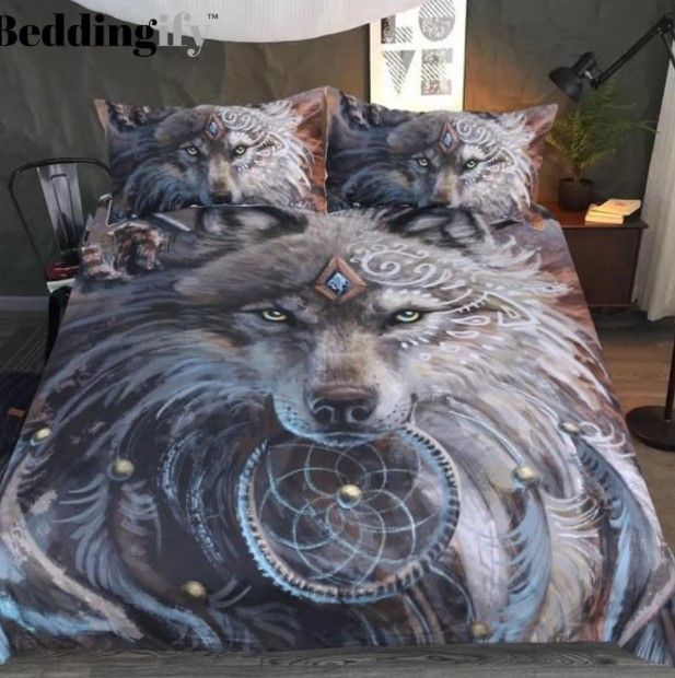Indian Wolf With Feather Dreamcatcher Bedding Set