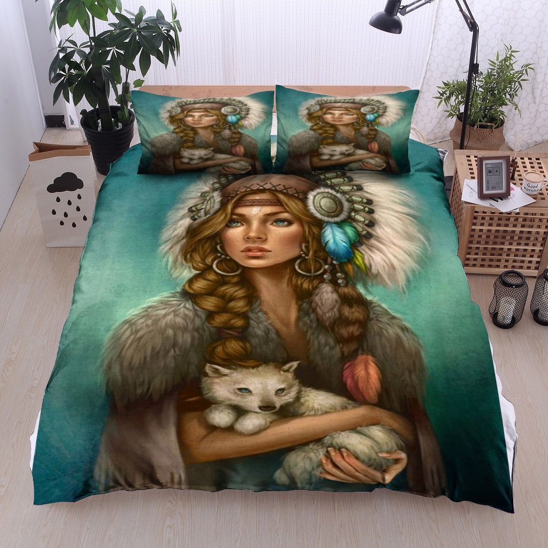Indian Woman And Baby Wolf Bedding Set