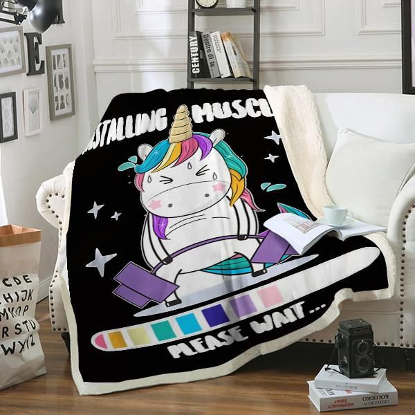 Installing Muscles Please Wait Unicorn Sherpa Fleece Blanket