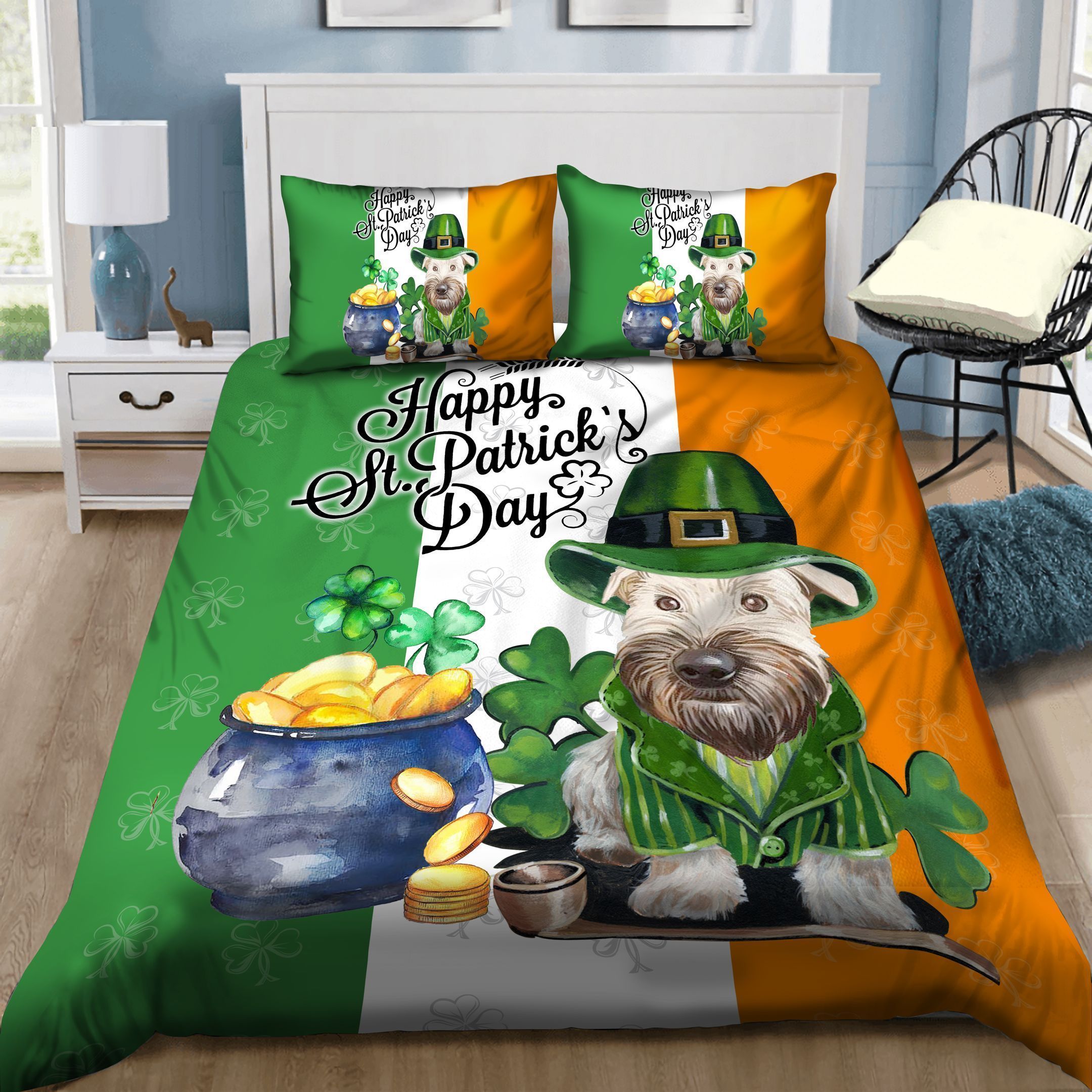 Ireland Flag Color With Dog Leprechaun St Patrick’s Day Bedding Set