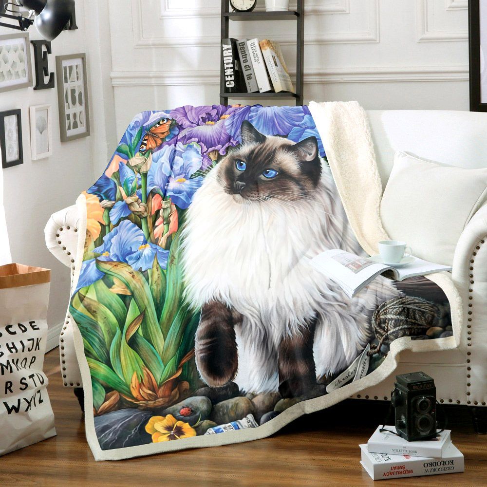 Irises And Cat Sherpa Fleece Blanket